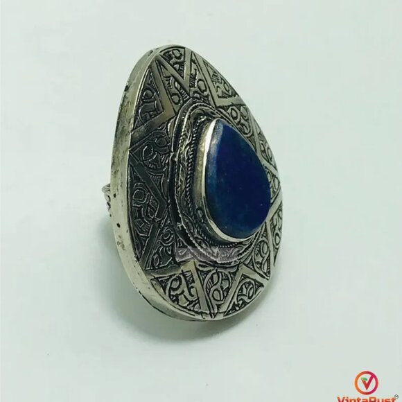 Silver Boho Adjustable Ring with Blue Gemstone, Handmade Silver Blue Stone Ring - Picture 3 of 9
